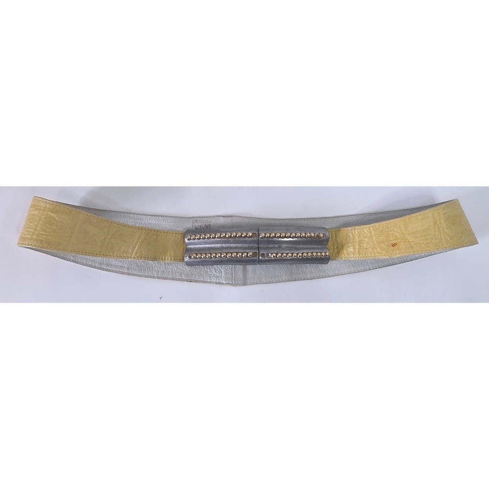 VTG 80s Retro Paris Yellow Croc Embossed Leather Belt Adj Buckle 34"  CALLOUTS